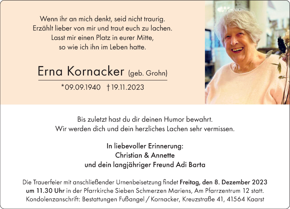 Traueranzeige für Erna Kornacker vom 25.11.2023 aus Rheinische Post