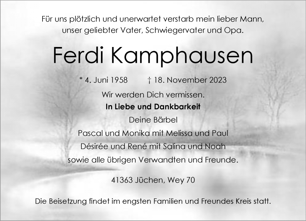  Traueranzeige für Ferdi Kamphausen vom 25.11.2023 aus Rheinische Post