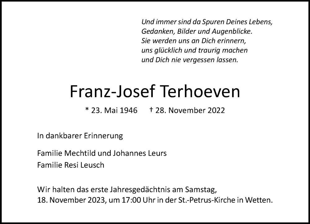  Traueranzeige für Franz-Josef Terhoeven vom 11.11.2023 aus Rheinische Post
