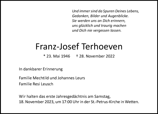 Traueranzeige von Franz-Josef Terhoeven von Rheinische Post