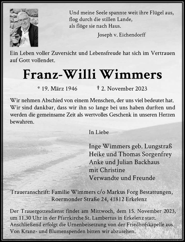  Traueranzeige für Franz-Willi Wimmers vom 11.11.2023 aus Rheinische Post