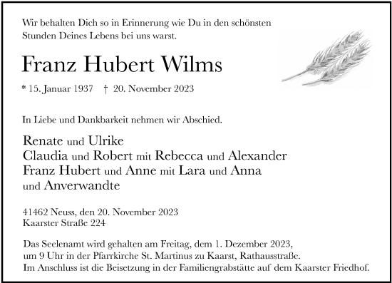 Traueranzeige von Franz Hubert Wilms von Rheinische Post