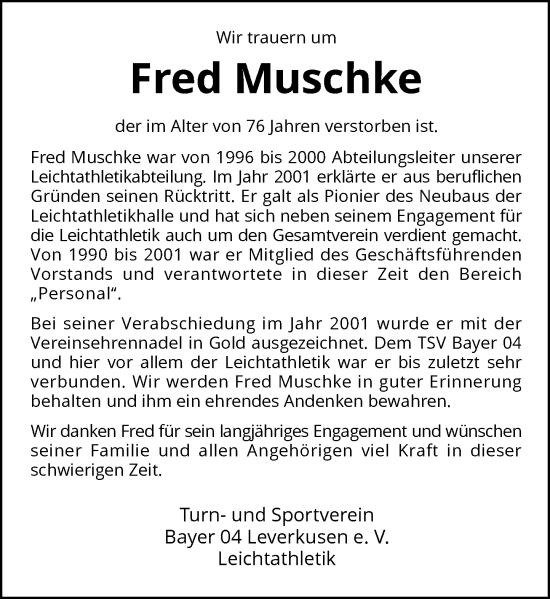Traueranzeige von Fred Muschke von Rheinische Post