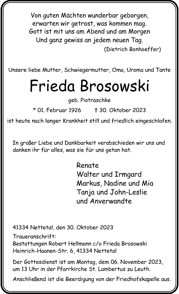  Traueranzeige für Frieda Brosowski vom 04.11.2023 aus Rheinische Post