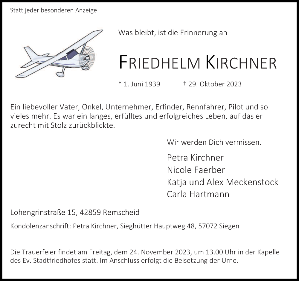  Traueranzeige für Friedhelm Kirchner vom 18.11.2023 aus Rheinische Post