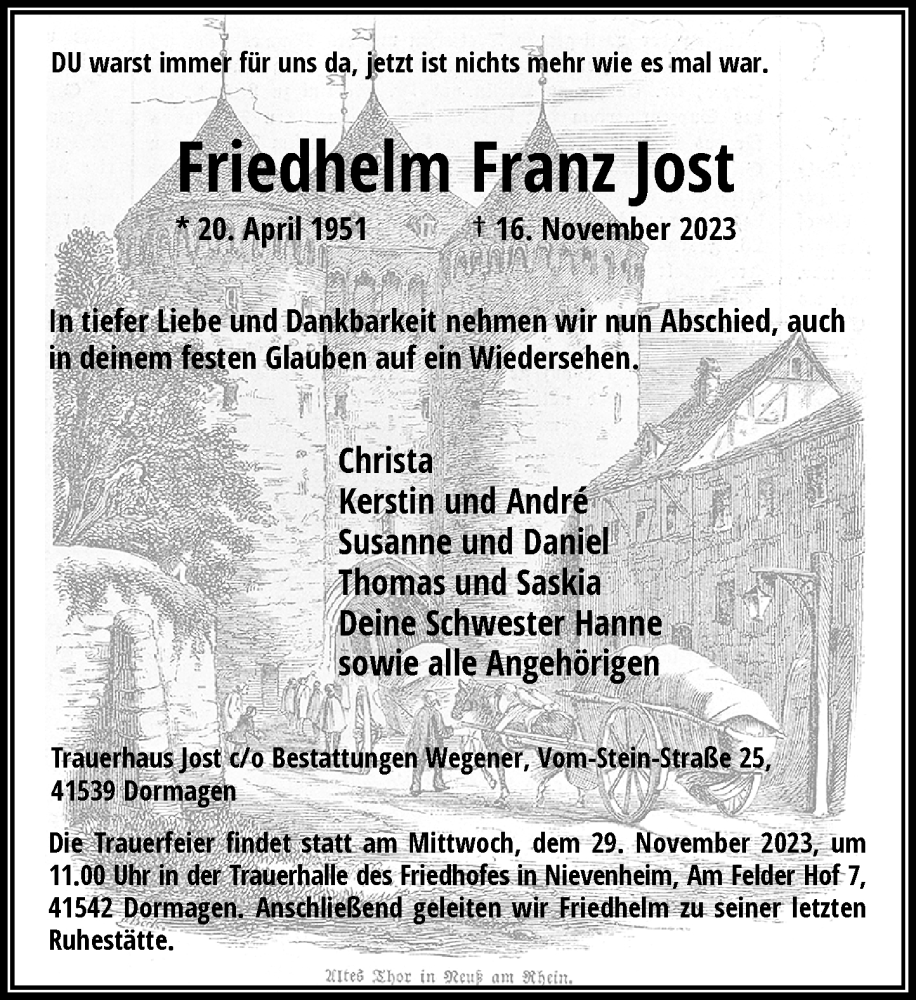  Traueranzeige für Friedhelm Franz Jost vom 25.11.2023 aus Rheinische Post