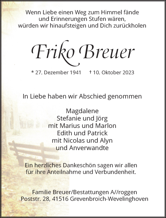 Traueranzeige von Friko Breuer von Rheinische Post