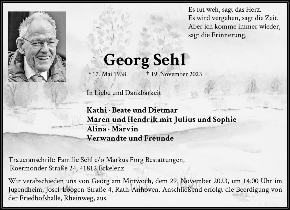  Traueranzeige für Georg Sehl vom 25.11.2023 aus Rheinische Post
