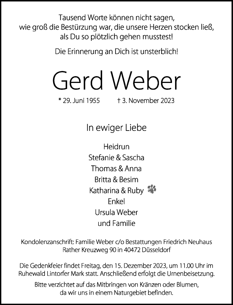  Traueranzeige für Gerd Weber vom 02.12.2023 aus Rheinische Post