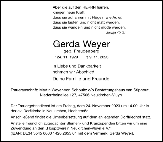 Traueranzeige von Gerda Weyer von Rheinische Post