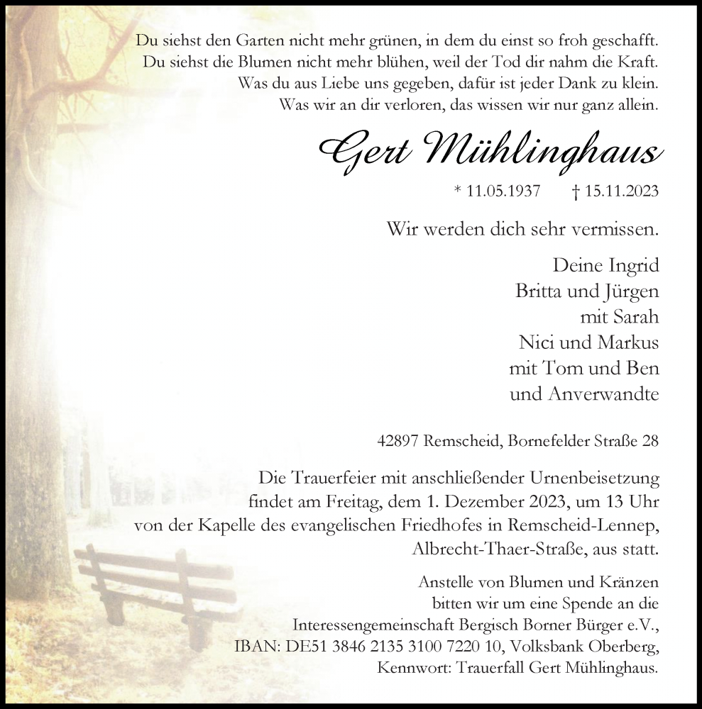  Traueranzeige für Gert Mühlinghaus vom 25.11.2023 aus Rheinische Post