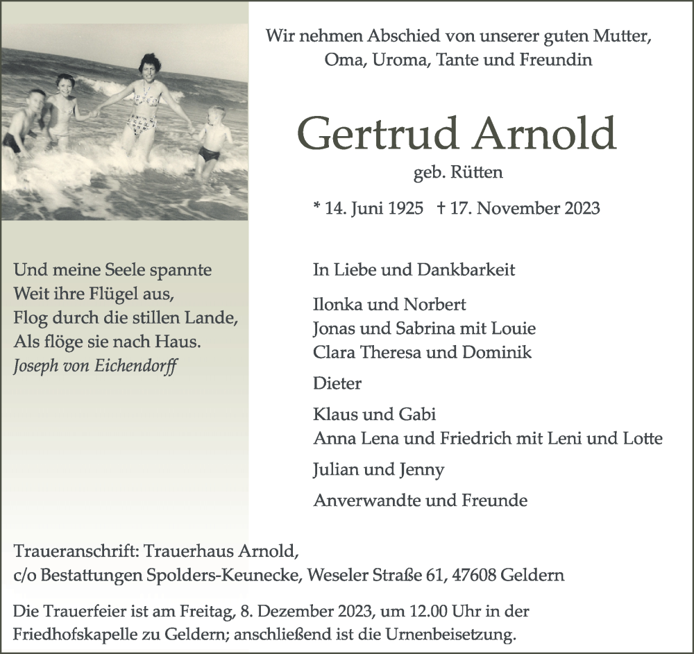  Traueranzeige für Gertrud Arnold vom 02.12.2023 aus Rheinische Post