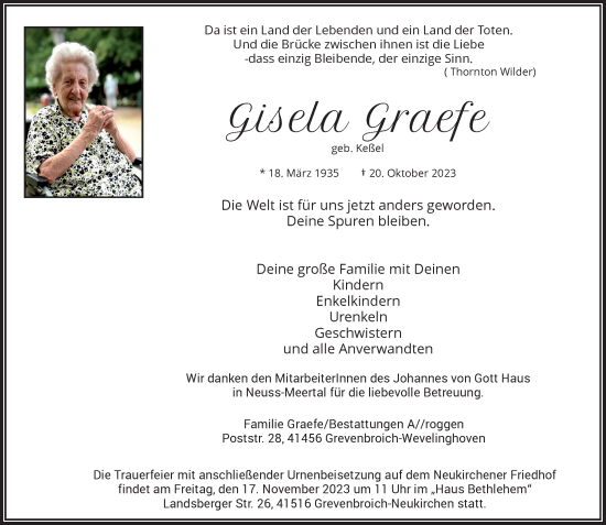 Traueranzeige von Gisela Graefe von Rheinische Post