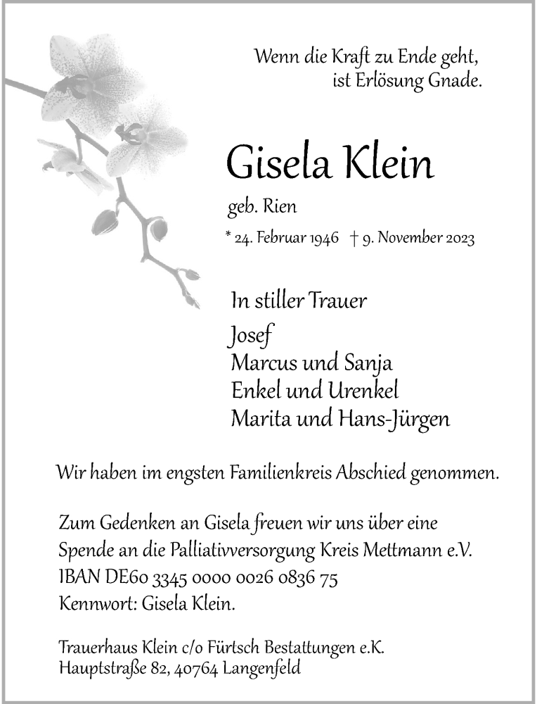 Traueranzeige für Gisela Klein vom 02.12.2023 aus Rheinische Post