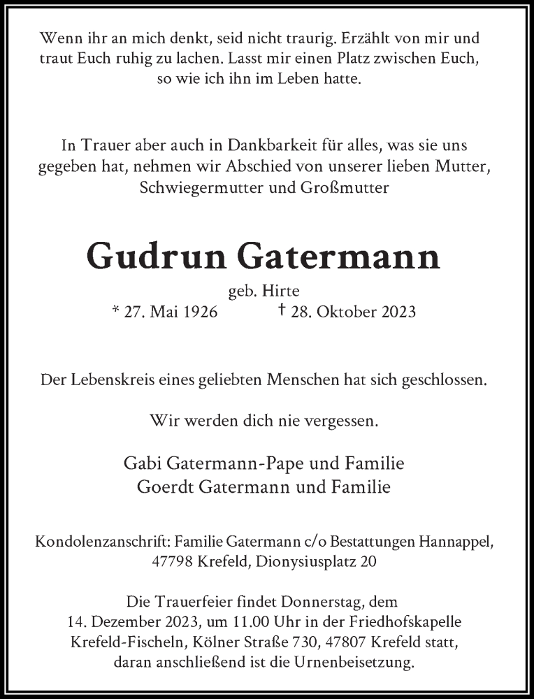  Traueranzeige für Gudrun Gatermann vom 25.11.2023 aus Rheinische Post