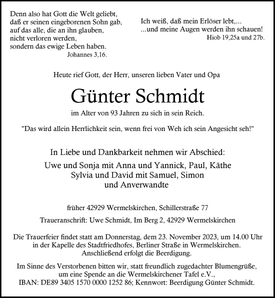 Traueranzeige von Günter Schmidt von Rheinische Post