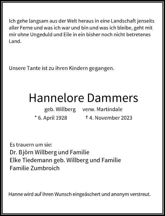 Traueranzeige von Hannelore Dammers von Rheinische Post