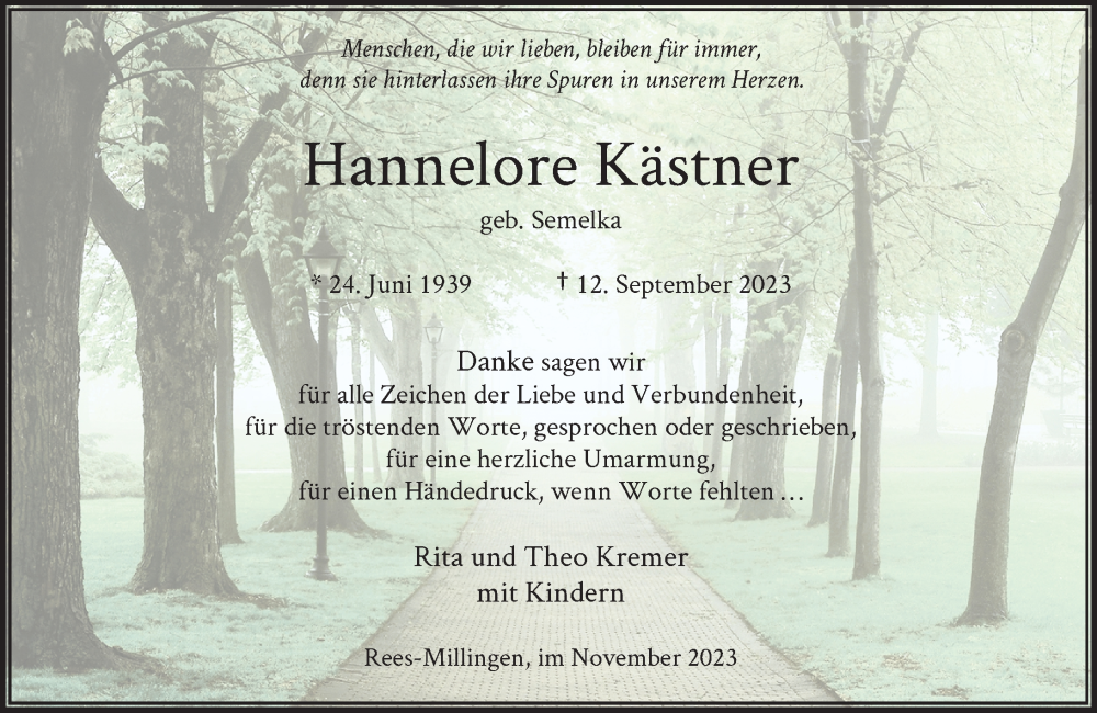  Traueranzeige für Hannelore Kästner vom 04.11.2023 aus Rheinische Post