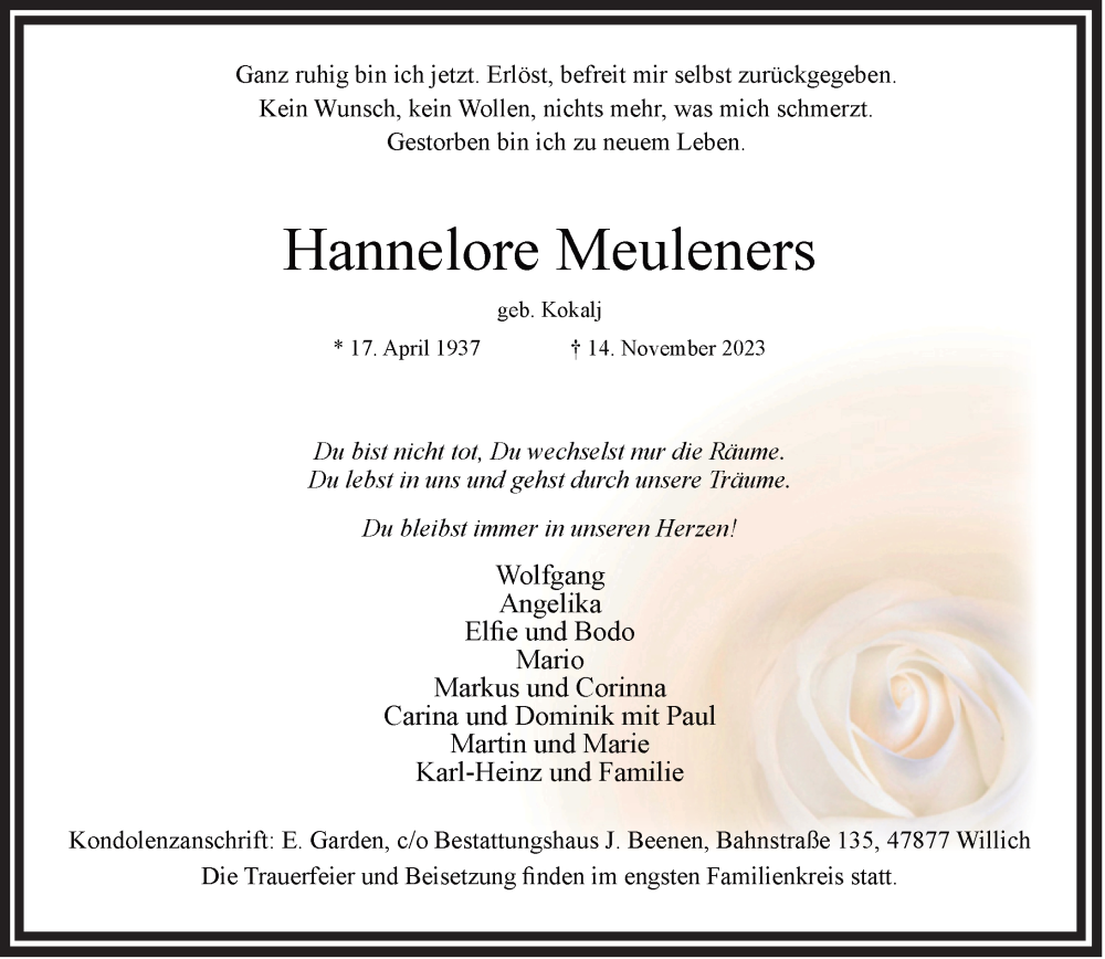  Traueranzeige für Hannelore Meuleners vom 02.12.2023 aus Rheinische Post