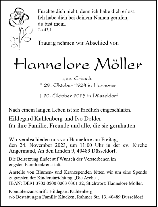 Traueranzeige von Hannelore Möller von Rheinische Post