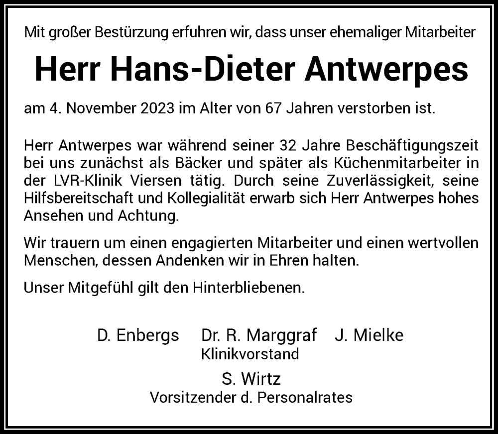  Traueranzeige für Hans-Dieter Antwerpes vom 18.11.2023 aus Rheinische Post