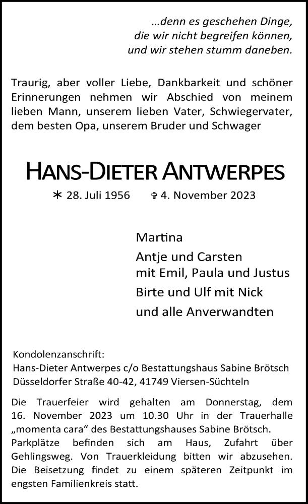  Traueranzeige für Hans-Dieter Antwerpes vom 11.11.2023 aus Rheinische Post