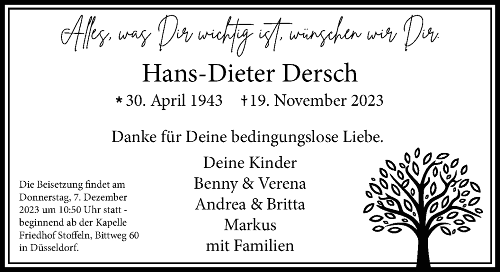  Traueranzeige für Hans-Dieter Dersch vom 02.12.2023 aus Rheinische Post