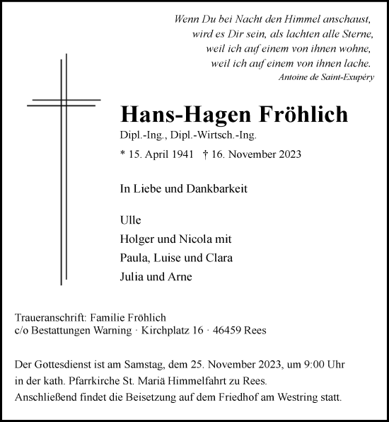 Traueranzeige von Hans-Hagen Fröhlich von Rheinische Post