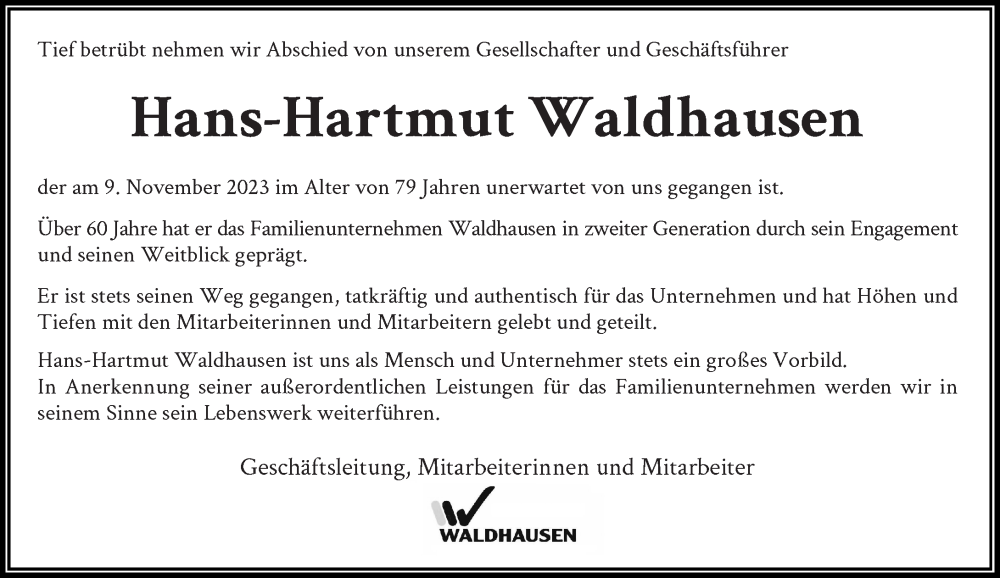  Traueranzeige für Hans-Hartmut Waldhausen vom 14.11.2023 aus Rheinische Post