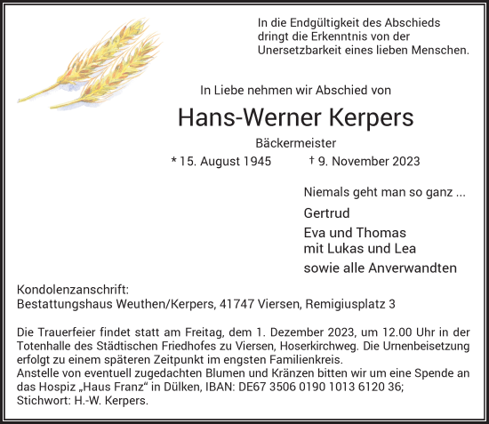 Traueranzeige von Hans-Werner Kerpers von Rheinische Post