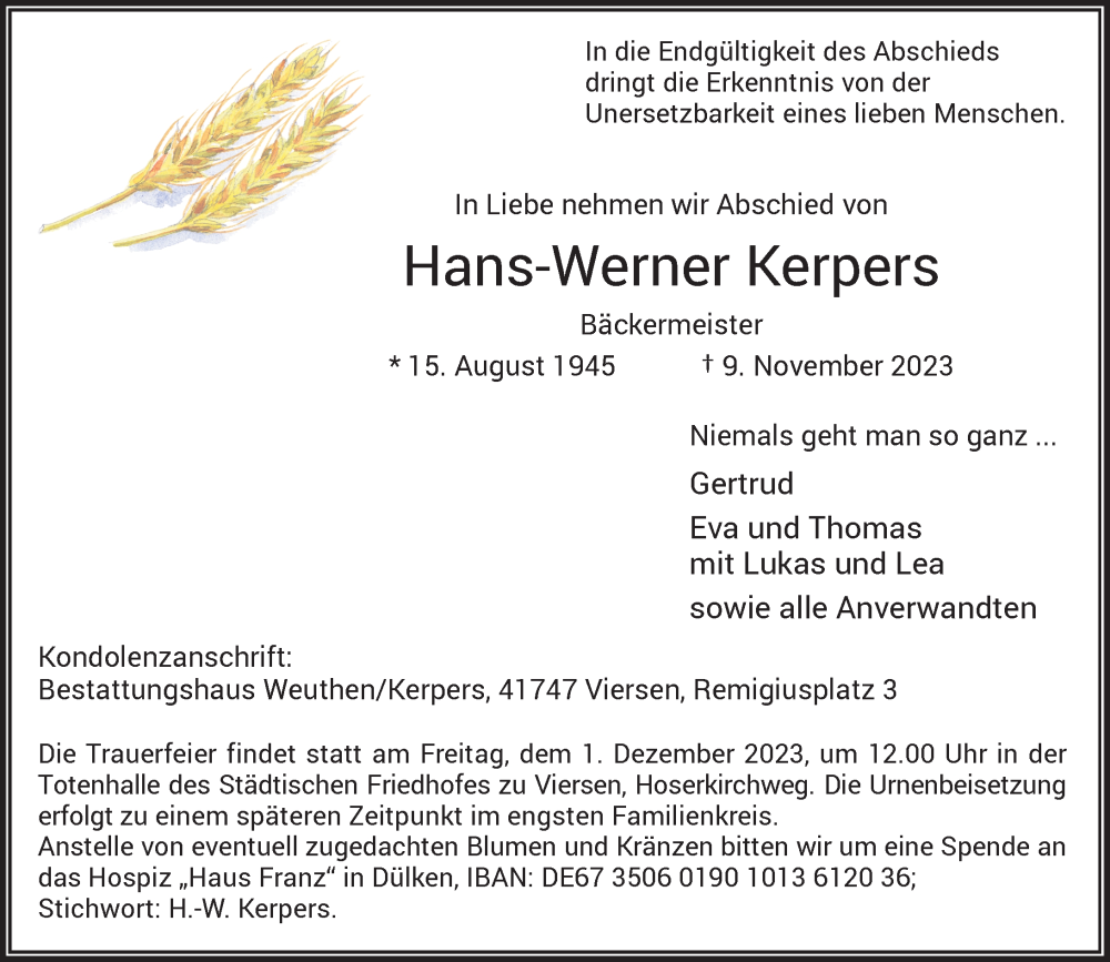 Traueranzeige für Hans-Werner Kerpers vom 25.11.2023 aus Rheinische Post