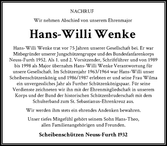 Traueranzeige von Hans-Willi Wenke von Rheinische Post