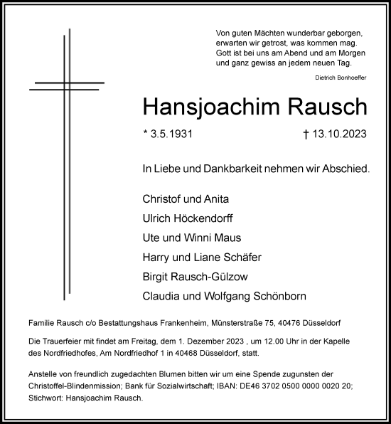 Traueranzeige von Hansjoachim Rausch von Rheinische Post