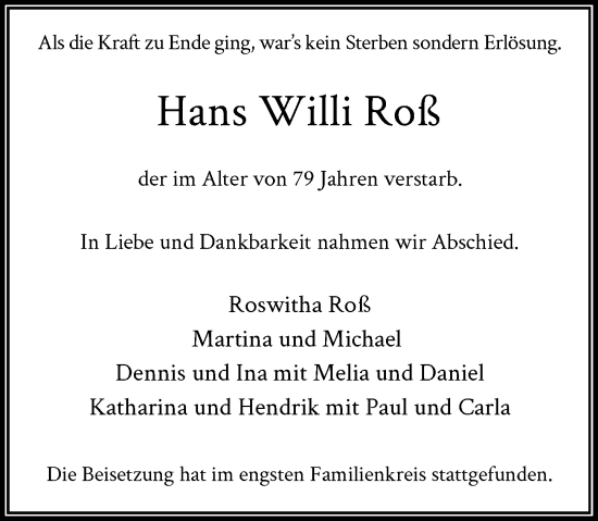 Traueranzeige von Hans Willi Roß von Rheinische Post
