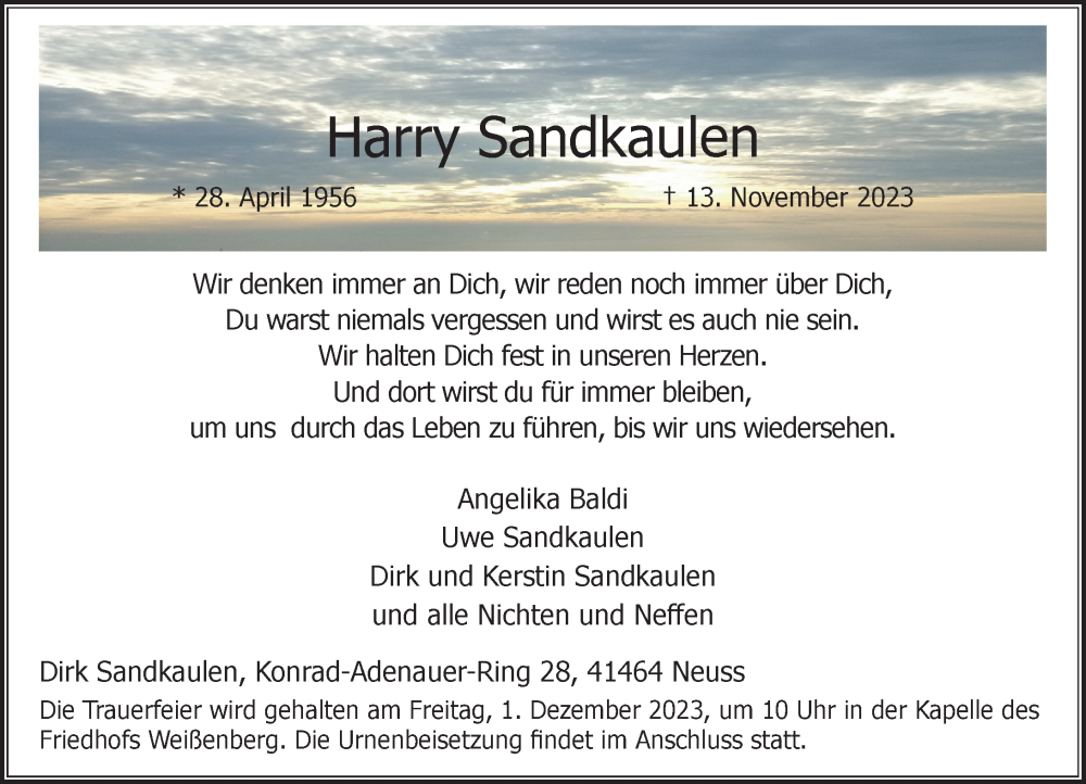  Traueranzeige für Harry Sandkaulen vom 25.11.2023 aus Rheinische Post