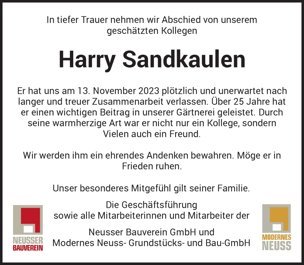  Traueranzeige für Harry Sandkaulen vom 25.11.2023 aus Rheinische Post