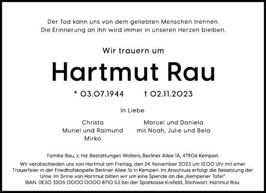 Traueranzeige von Hartmut Rau von Rheinische Post
