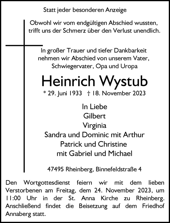 Traueranzeige von Heinrich Wystub von Rheinische Post