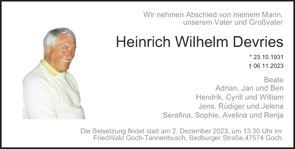 Traueranzeige für Heinrich Wilhelm Devries vom 25.11.2023 aus Rheinische Post