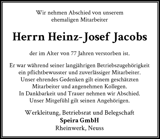 Traueranzeige von Heinz-Josef Jacobs von Rheinische Post