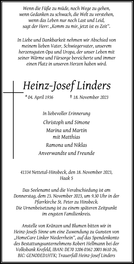 Traueranzeige von Heinz-Josef Linders von Rheinische Post
