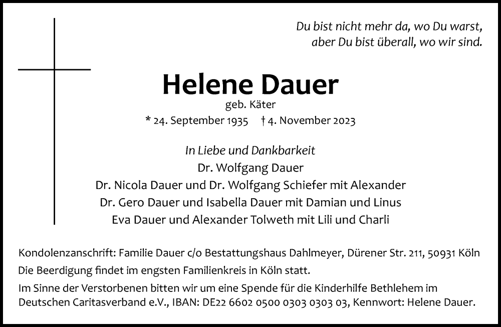  Traueranzeige für Helene Dauer vom 11.11.2023 aus Rheinische Post