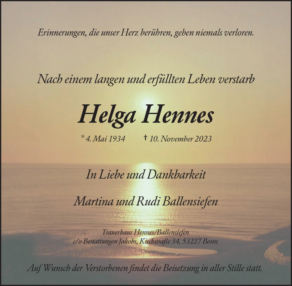  Traueranzeige für Helga Hennes vom 18.11.2023 aus Rheinische Post