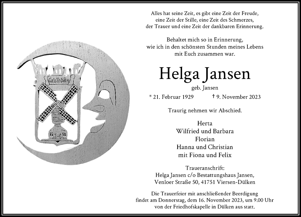  Traueranzeige für Helga Jansen vom 11.11.2023 aus Rheinische Post