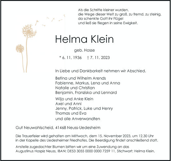 Traueranzeige von Helma Klein von Rheinische Post