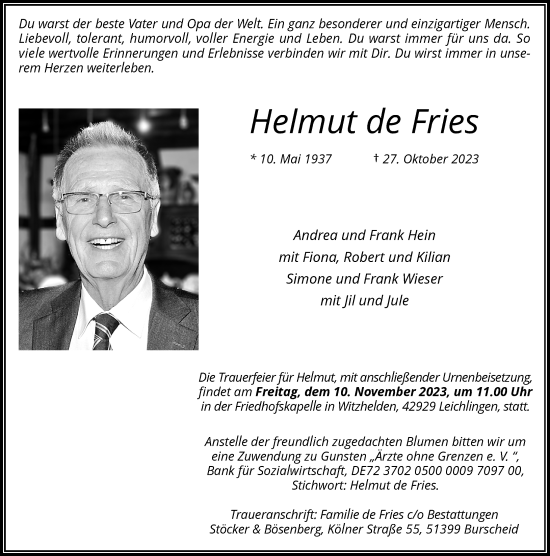 Traueranzeige von Helmut  de Fries von Rheinische Post