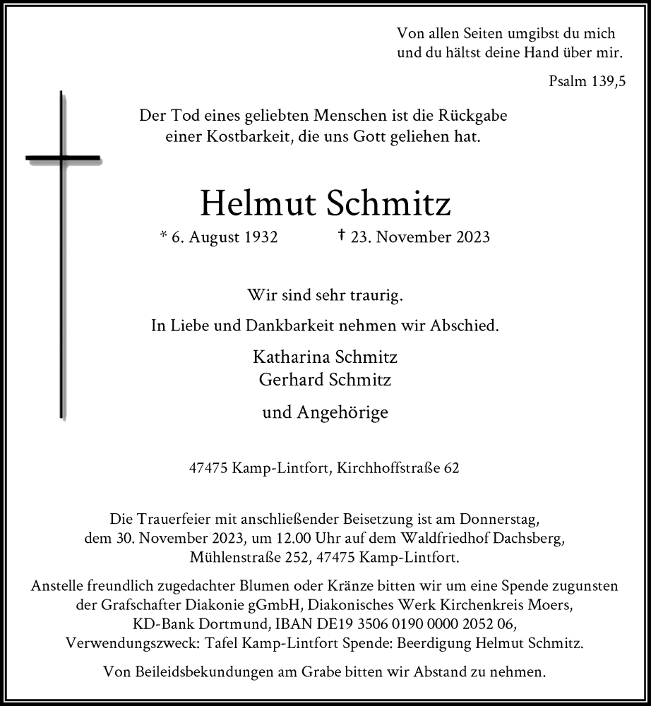  Traueranzeige für Helmut Schmitz vom 27.11.2023 aus Rheinische Post