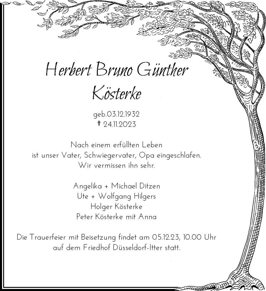  Traueranzeige für Herbert Bruno Günther Kösterke vom 30.11.2023 aus Rheinische Post