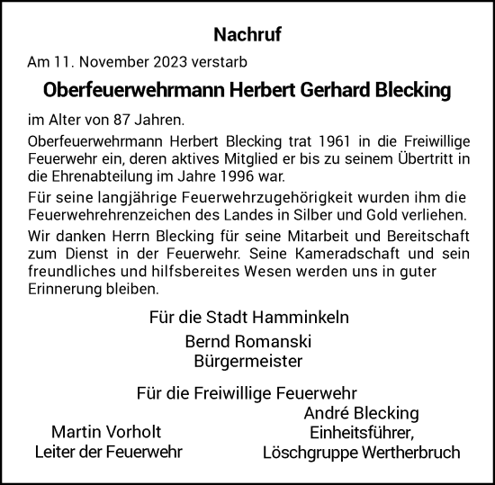 Traueranzeige von Herbert Gerhard Blecking von Rheinische Post