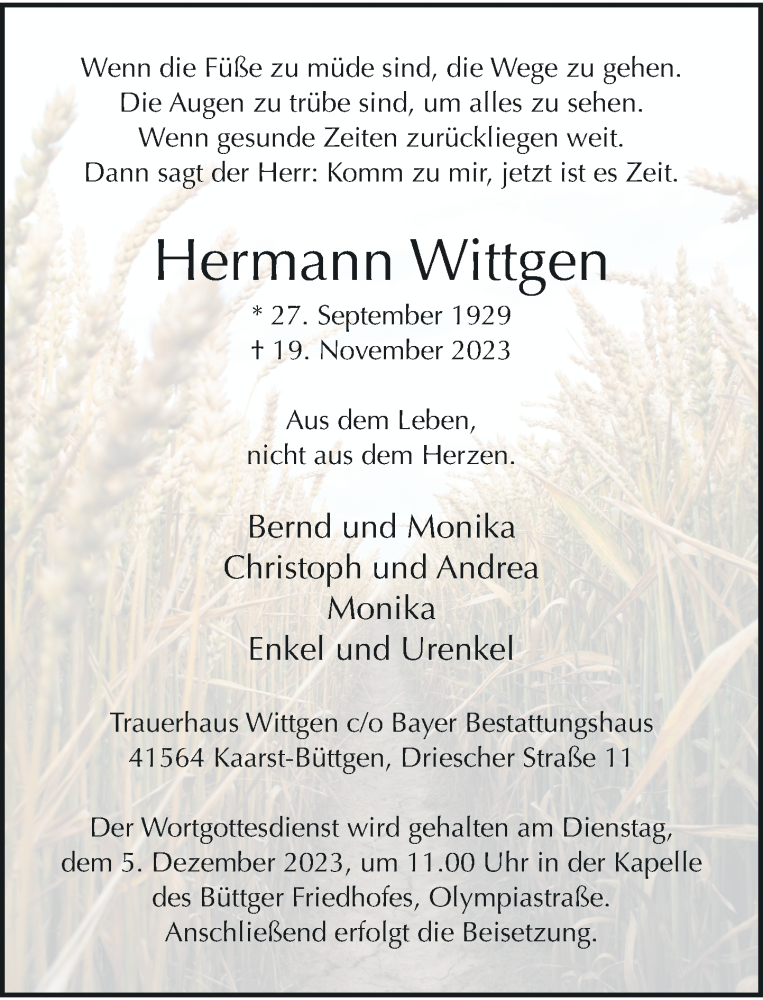  Traueranzeige für Hermann Wittgen vom 25.11.2023 aus Rheinische Post